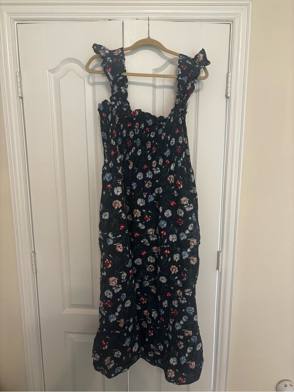 Hill House Navy Floral Ruffle Strap Midi Dress